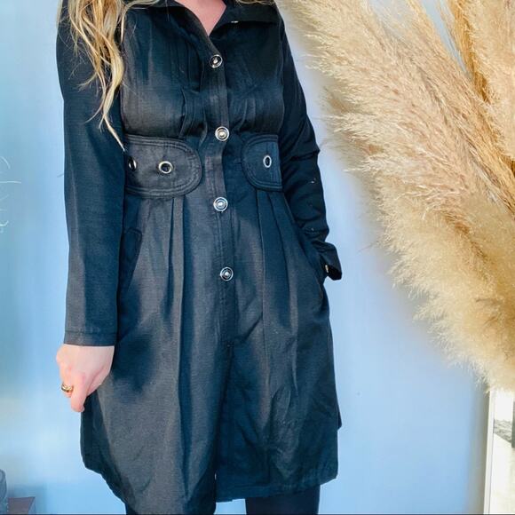 VINTAGE 90s CCC Washed Black Grey Tie Corset Back Button Trench Coat Jacket M - Picture 4 of 10